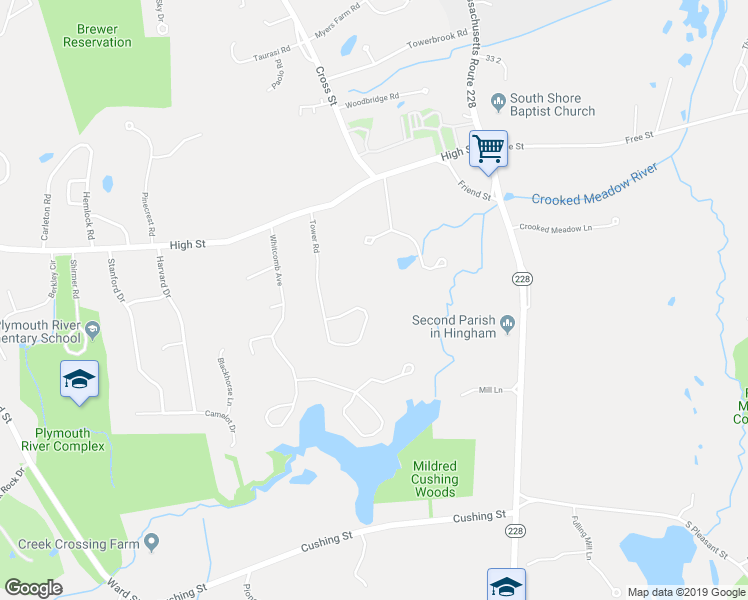 map of restaurants, bars, coffee shops, grocery stores, and more near 93 Tower Road in Hingham
