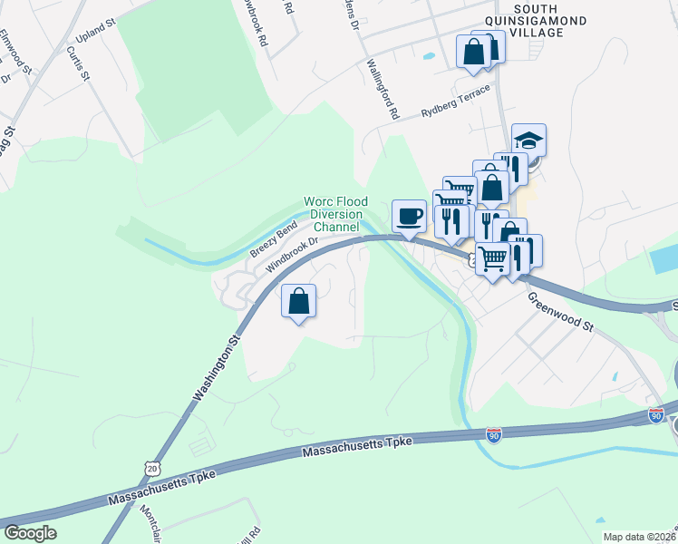 map of restaurants, bars, coffee shops, grocery stores, and more near 47 Washington Street in Auburn
