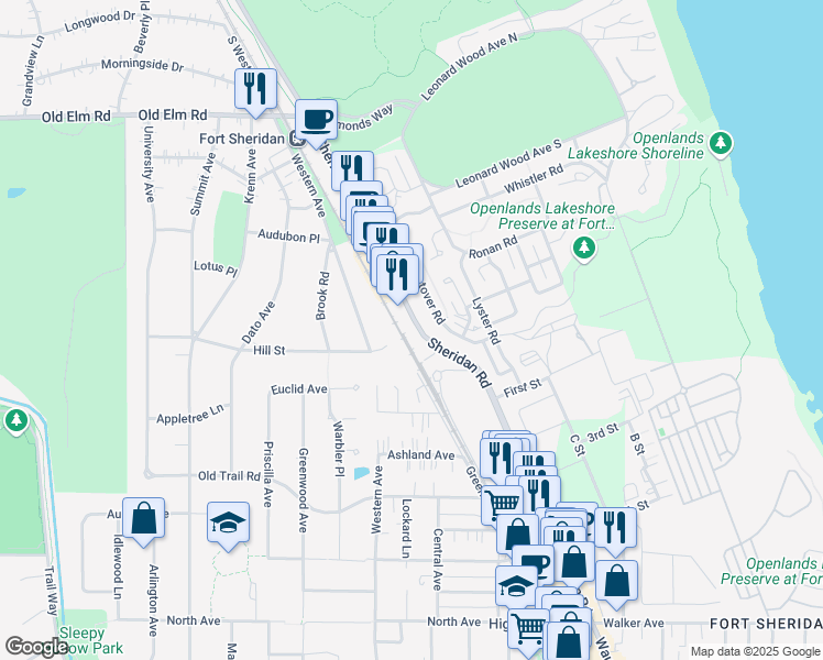 map of restaurants, bars, coffee shops, grocery stores, and more near 730 Sheridan Road in Highwood