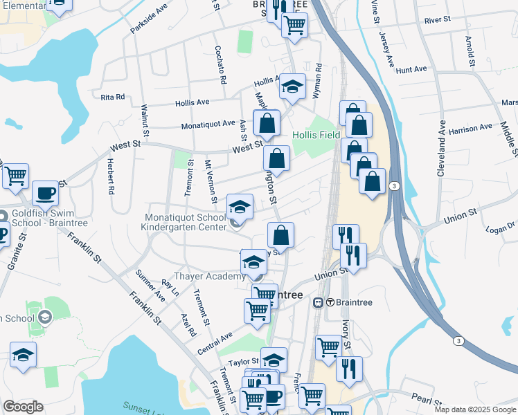 map of restaurants, bars, coffee shops, grocery stores, and more near 15 Weston Avenue in Braintree