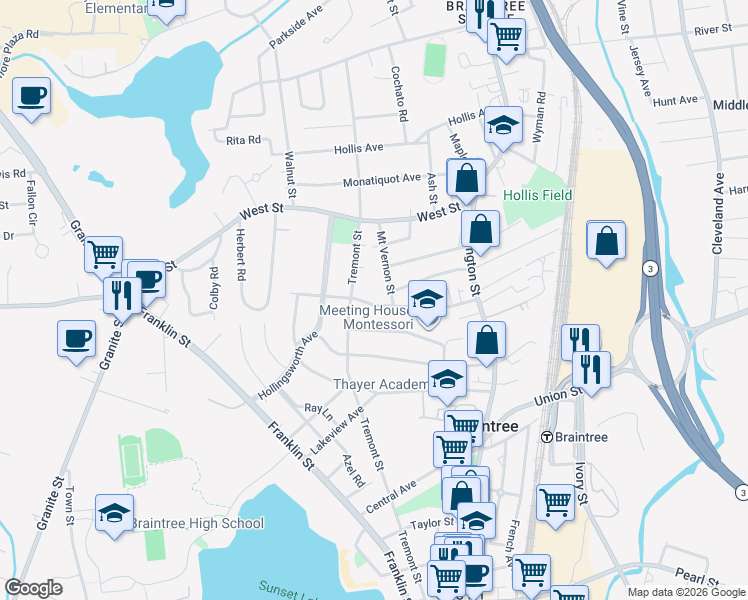 map of restaurants, bars, coffee shops, grocery stores, and more near 92 Weston Avenue in Braintree