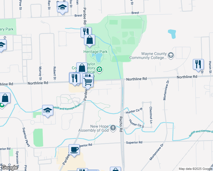 map of restaurants, bars, coffee shops, grocery stores, and more near 22263 Century Drive in Taylor