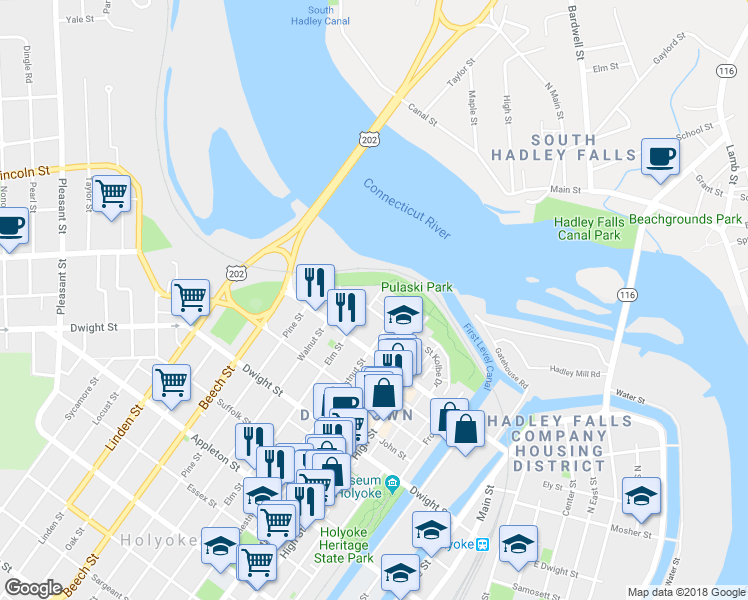 map of restaurants, bars, coffee shops, grocery stores, and more near 17 Arbor Way in Holyoke
