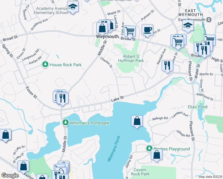 map of restaurants, bars, coffee shops, grocery stores, and more near 197 Lake Street in Weymouth