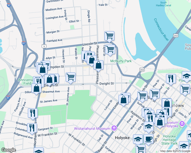 map of restaurants, bars, coffee shops, grocery stores, and more near 9 Cottage Avenue in Holyoke