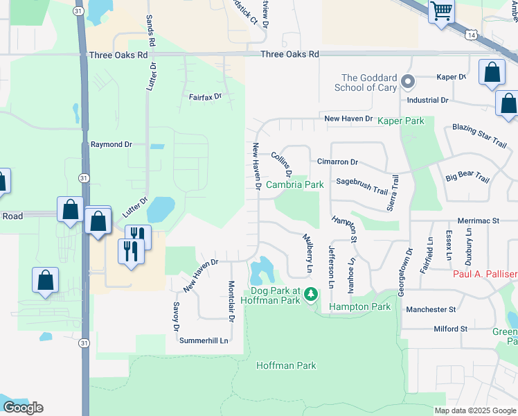 map of restaurants, bars, coffee shops, grocery stores, and more near New Haven Drive in Cary