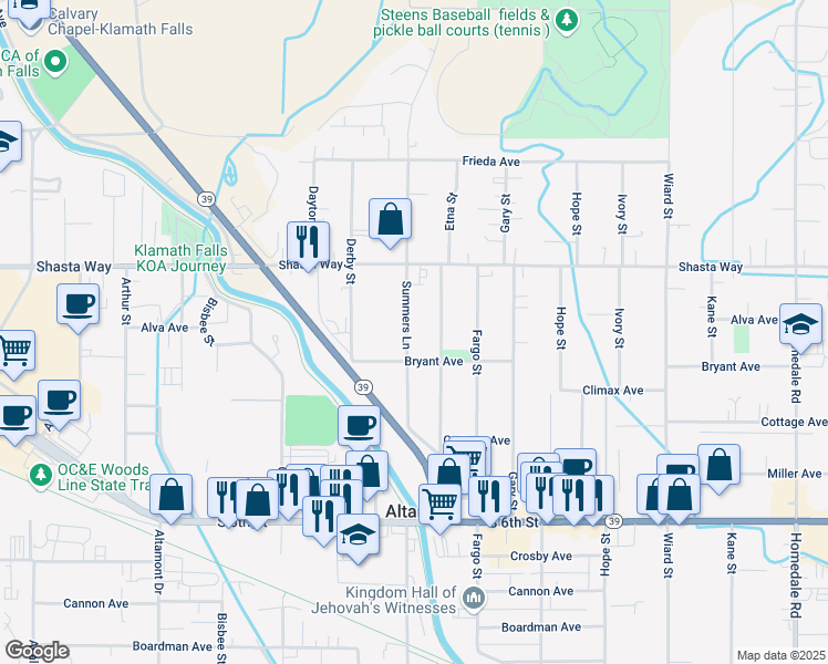 map of restaurants, bars, coffee shops, grocery stores, and more near 1827 Summers Lane in Klamath Falls