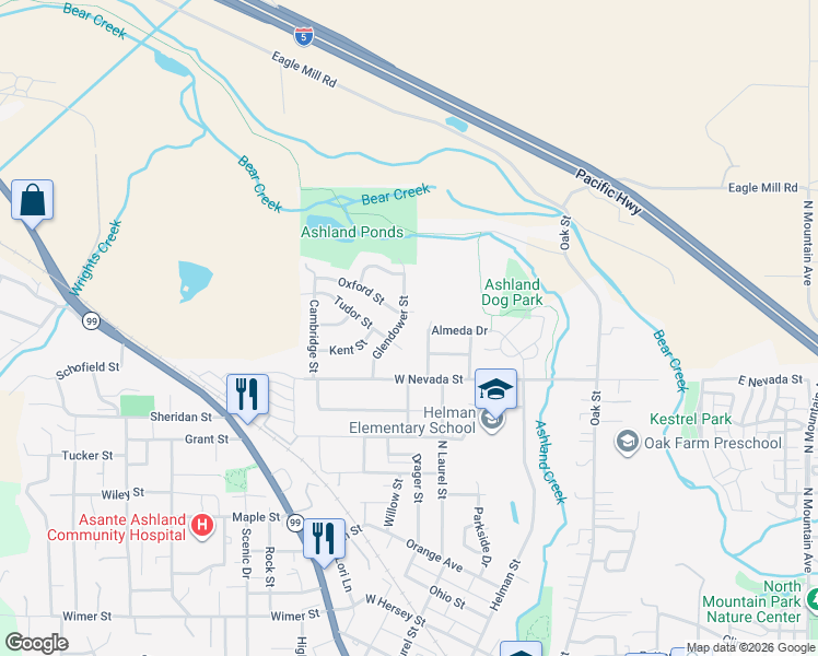 map of restaurants, bars, coffee shops, grocery stores, and more near 257 Tudor Circle in Ashland
