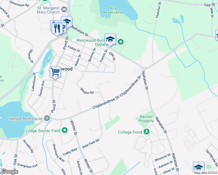 map of restaurants, bars, coffee shops, grocery stores, and more near 216 Clapboardtree Street in Westwood