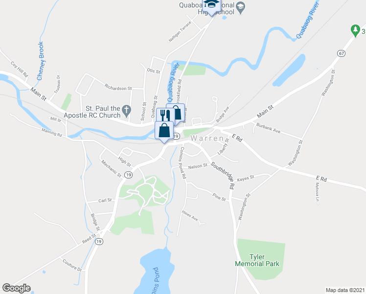 map of restaurants, bars, coffee shops, grocery stores, and more near 1 Comins Pond Road in Warren