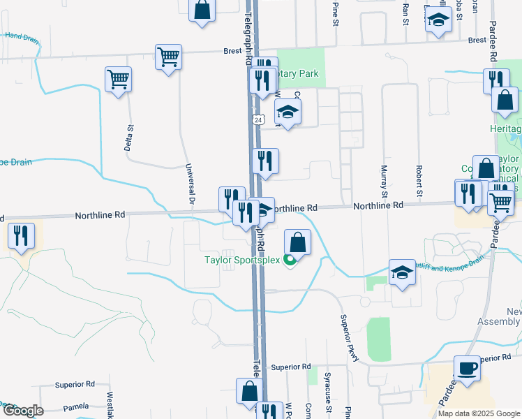 map of restaurants, bars, coffee shops, grocery stores, and more near Telegraph Rd & Northline Rd in Taylor