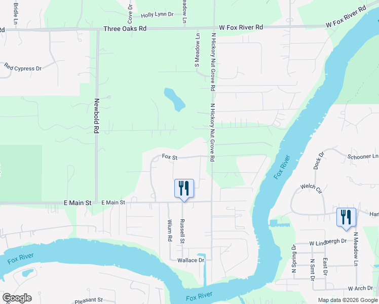 map of restaurants, bars, coffee shops, grocery stores, and more near 120 Fox Street in Cary