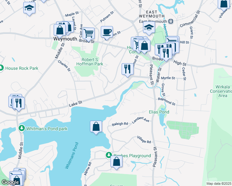 map of restaurants, bars, coffee shops, grocery stores, and more near 9 Willow Lane in Weymouth