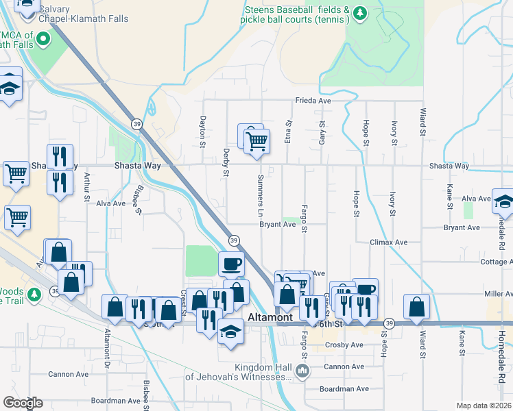 map of restaurants, bars, coffee shops, grocery stores, and more near 1852 Summers Lane in Klamath Falls