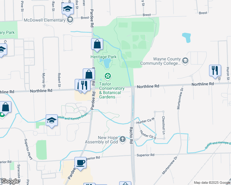 map of restaurants, bars, coffee shops, grocery stores, and more near 22263 Century Drive in Taylor