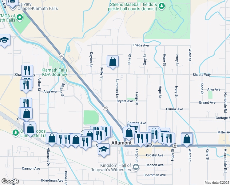 map of restaurants, bars, coffee shops, grocery stores, and more near 1852 Summers Lane in Klamath Falls