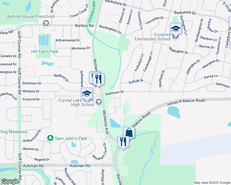 map of restaurants, bars, coffee shops, grocery stores, and more near 450 Dartmoor Drive in Crystal Lake