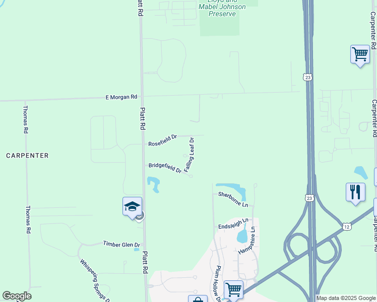 map of restaurants, bars, coffee shops, grocery stores, and more near 5315 Falling Leaf Drive in Ann Arbor