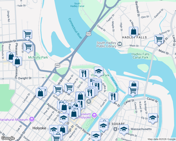 map of restaurants, bars, coffee shops, grocery stores, and more near 11 Arbor Way in Holyoke