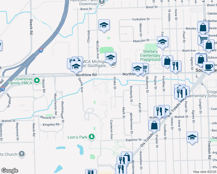 map of restaurants, bars, coffee shops, grocery stores, and more near 13282 Drake Street in Southgate