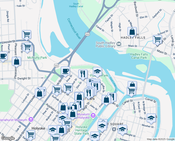 map of restaurants, bars, coffee shops, grocery stores, and more near 11-17 Arbor Way in Holyoke