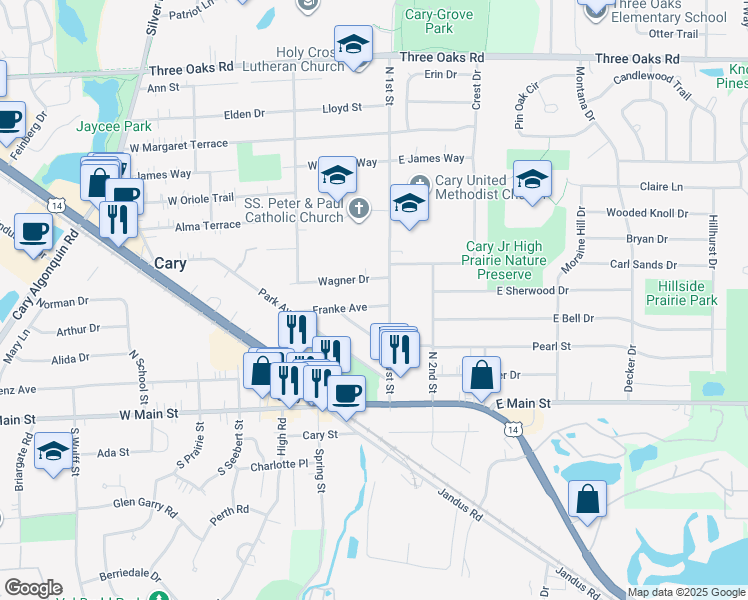 map of restaurants, bars, coffee shops, grocery stores, and more near 16 Franke Avenue in Cary