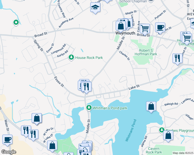 map of restaurants, bars, coffee shops, grocery stores, and more near 112 Joseph A Fern Court in Weymouth