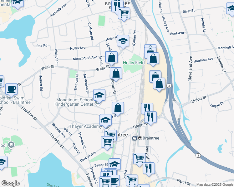 map of restaurants, bars, coffee shops, grocery stores, and more near 626 Washington Street in Braintree
