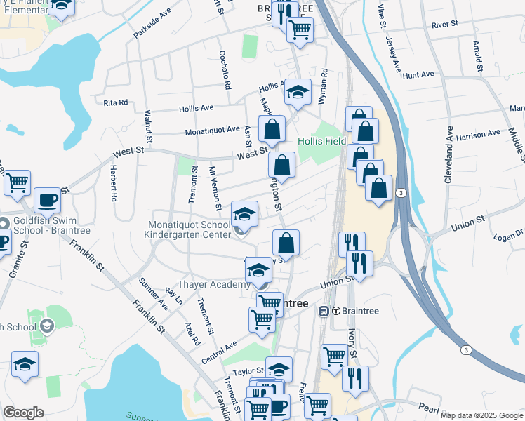 map of restaurants, bars, coffee shops, grocery stores, and more near 22 Weston Avenue in Braintree