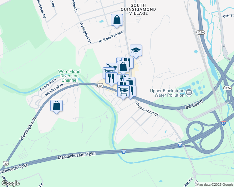map of restaurants, bars, coffee shops, grocery stores, and more near 558 Southwest Cutoff in Worcester