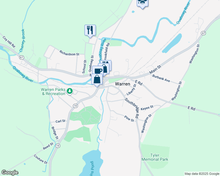 map of restaurants, bars, coffee shops, grocery stores, and more near 28 Comins Pond Road in Warren