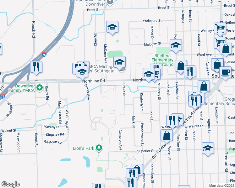 map of restaurants, bars, coffee shops, grocery stores, and more near 13282 Drake Street in Southgate
