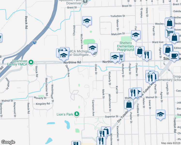 map of restaurants, bars, coffee shops, grocery stores, and more near 13282 Drake Street in Southgate