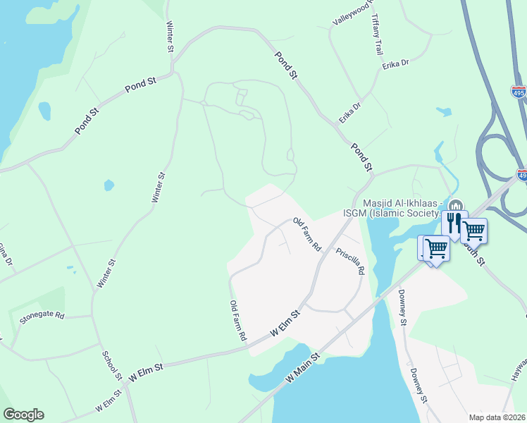 map of restaurants, bars, coffee shops, grocery stores, and more near 21 Old Farm Road in Hopkinton