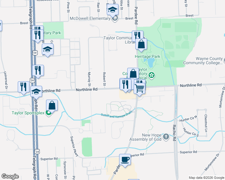 map of restaurants, bars, coffee shops, grocery stores, and more near 22935 Northline Road in Taylor