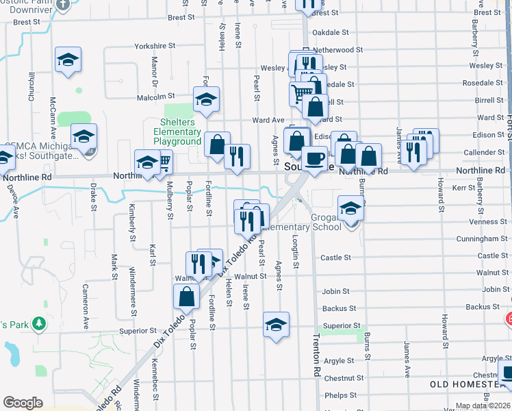 map of restaurants, bars, coffee shops, grocery stores, and more near 13162 Pearl Street in Southgate