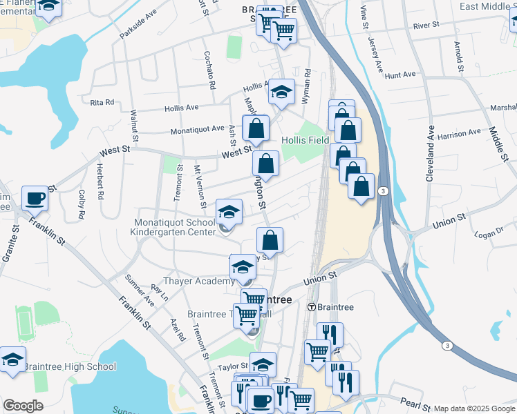 map of restaurants, bars, coffee shops, grocery stores, and more near 607 Washington Street in Braintree