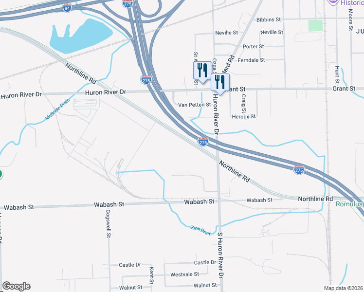 map of restaurants, bars, coffee shops, grocery stores, and more near 37500 Northline Road in Romulus