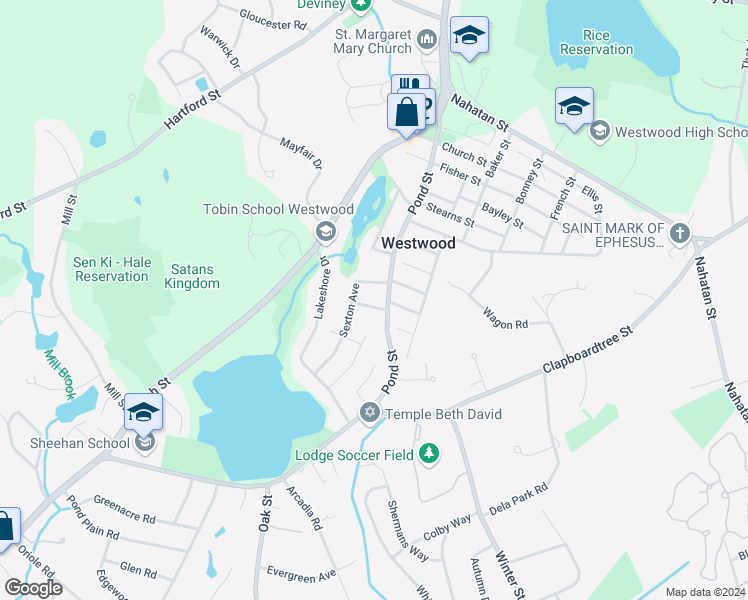 map of restaurants, bars, coffee shops, grocery stores, and more near 11 Eastman Avenue in Westwood