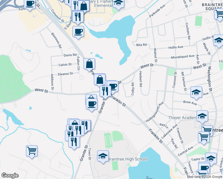 map of restaurants, bars, coffee shops, grocery stores, and more near in Braintree
