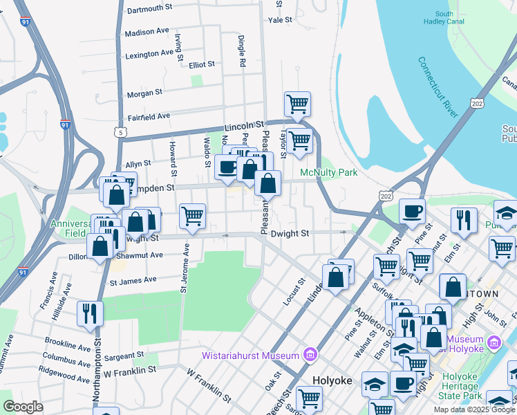 map of restaurants, bars, coffee shops, grocery stores, and more near 9 Cottage Avenue in Holyoke