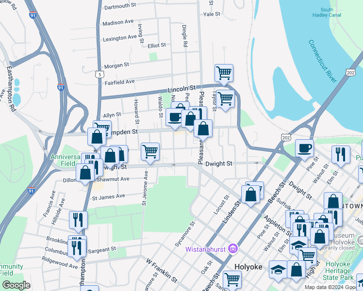 map of restaurants, bars, coffee shops, grocery stores, and more near 142 Nonotuck Street in Holyoke