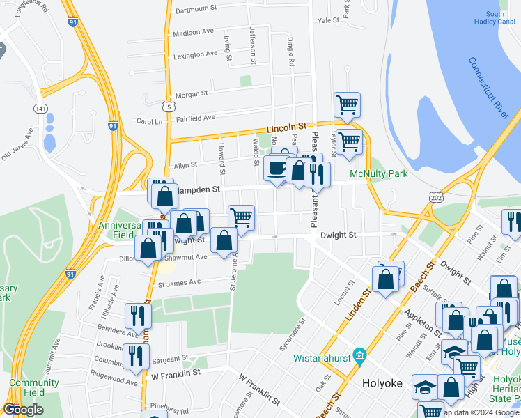 map of restaurants, bars, coffee shops, grocery stores, and more near 59 Faille Avenue in Holyoke