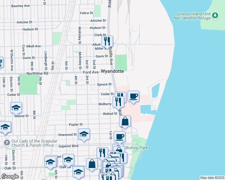 map of restaurants, bars, coffee shops, grocery stores, and more near 2218 Biddle Avenue in Wyandotte