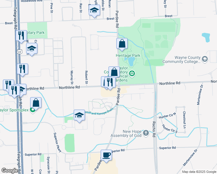 map of restaurants, bars, coffee shops, grocery stores, and more near 22789 Northline Road in Taylor