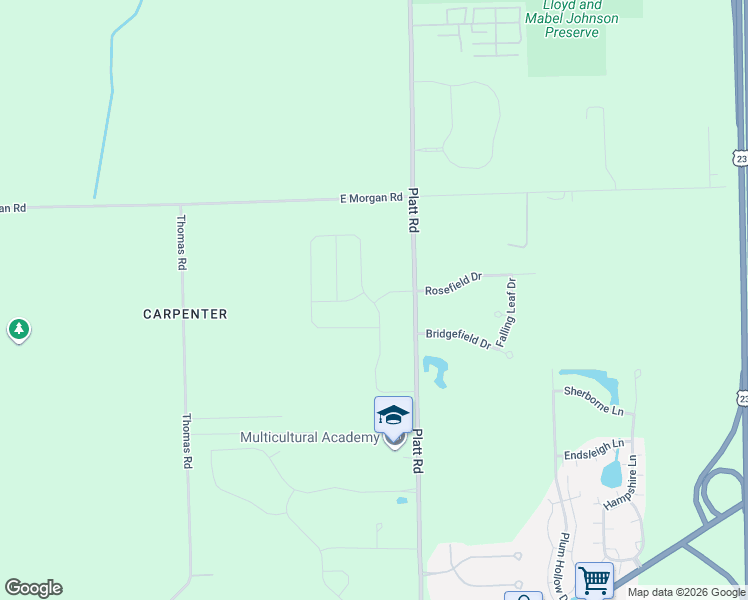 map of restaurants, bars, coffee shops, grocery stores, and more near 5196-5282 Platt Rd in Ann Arbor