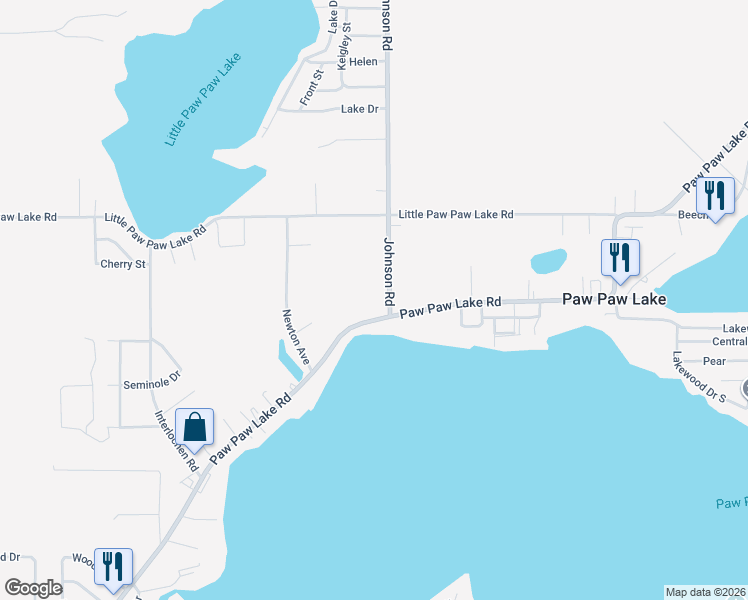map of restaurants, bars, coffee shops, grocery stores, and more near 5595 Paw Paw Lake Road in Coloma