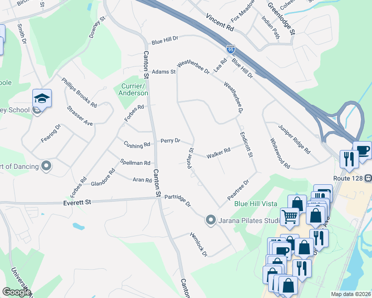 map of restaurants, bars, coffee shops, grocery stores, and more near 9 Walker Road in Westwood