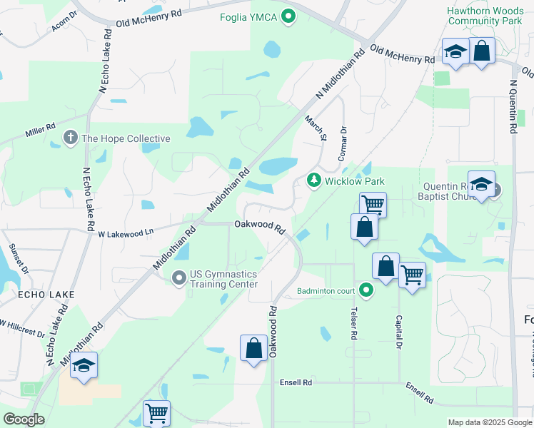 map of restaurants, bars, coffee shops, grocery stores, and more near 815 Oakwood Road in Lake Zurich