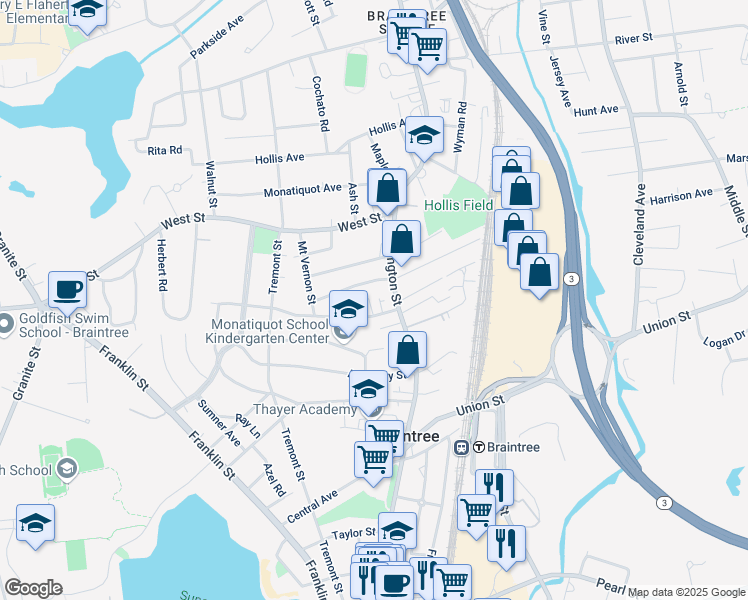 map of restaurants, bars, coffee shops, grocery stores, and more near 15 Weston Court in Braintree